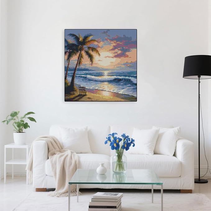 beach sunset stamped cross stitch kits - tree counted cross stitch kits for beginners adults needlepoint cross-stitch patterns dimensions needlecrafts embroidery kits arts and crafts 13.7x13.7 inches