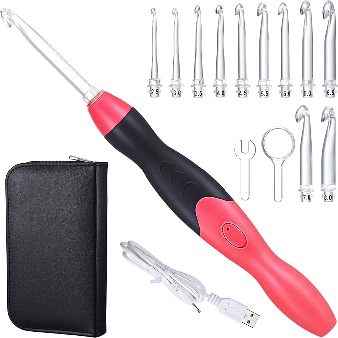 Chuangdi 11 Sizes Lighted Crochet Hooks Set Rechargeable Crochet Hook Light up Hooks with Case, Interchangeable Heads 2.5 mm to 8 mm for DIY Craft Supplies(Red-Black)