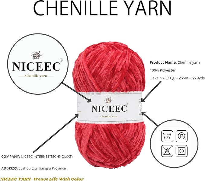 NICEEC 2 Skeins Soft Chenille Yarn Blanket Yarn for Knitting Fancy Yarn for Crochet Weaving DIY Craft Total Length 2×255m (2×279yds, 2×150g)_Red