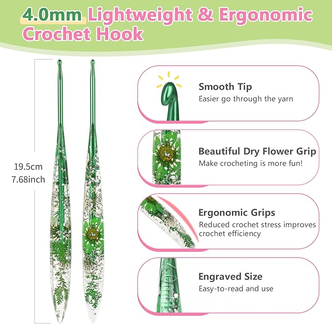 Katech 4mm Crochet Hooks with Floral Pattern-Comfort Grip Ergonomic Crochet Needles-Longer Smooth Glide Crocheting Hook for Arthritic Hands, Beginners & Professional Ideal Crochet Gift(G)