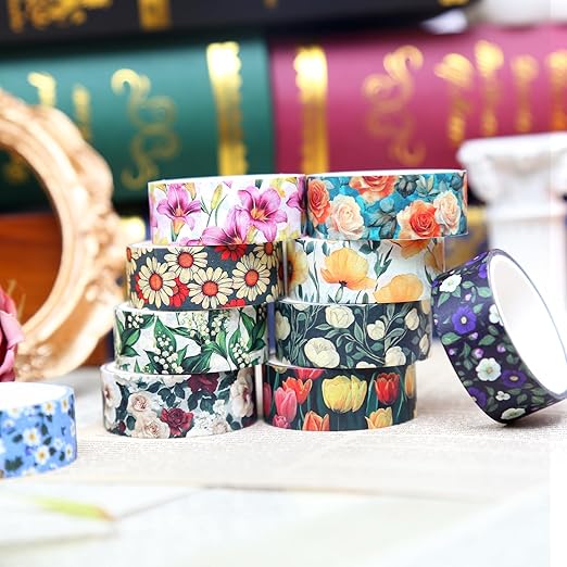 12 Rolls Flower Washi Tape Set, Colorful Floral Decorative Tape Vintage Botanical Masking Tape for Journaling Supplies, Junk Journal, Scrapbooking, DIY Arts & Crafts, Gift Wrapping