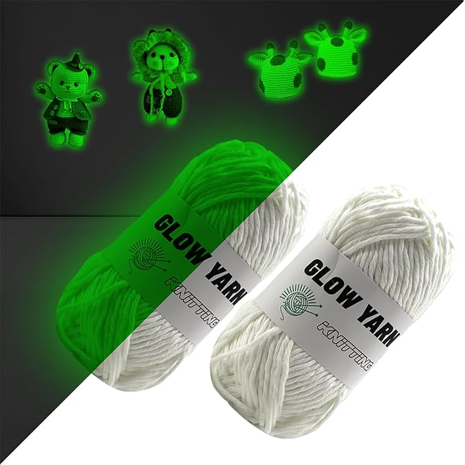 kaidun 2 Rolls Glow in The Dark Yarn, Glow Yarn for Knitting Crocheting for Beginners, Halloween Christmas Decorations DIY Supplies, 55 Yard Per Roll (White)