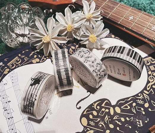 Black and White Piano Note Melody Keyboard Cat Staff Stave Score Music washi Tape Set of 4 Rolls - Decorative DIY Japanese Masking Scrapbook Notebook Planner | Length: 10m (10.93 Yards)