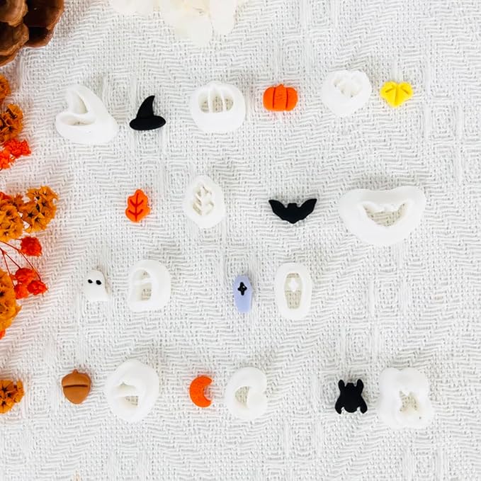 Xaekicr Halloween Polymer Clay Cutters Set - 10Pcs Clay Cutters for Polymer Clay Jewelry, Small Size Clay Tools for Earrings DIY, Fall Pumpkin Bat Witch Hat Molds