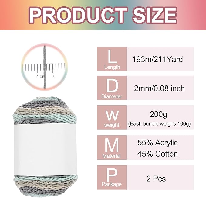 MECCANIXITY Cotton Acrylic Yarn for Crocheting, 422 Yard 5 Ply Soft Gradient Yarn Acrylic 45% Cotton 55% Used for DIY Knitting Blankets Scarves(2 Packx100g,Gray,Green,Blue)