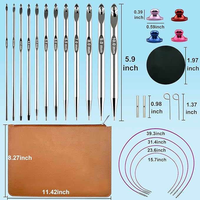Hobekoee Tunisian Crochet Hooks Set with Cable,12 Size Aluminium Interchangeable Crochet Hook Set Inline Crochet Hooks Afghan Crochet Needles 3mm-10mm