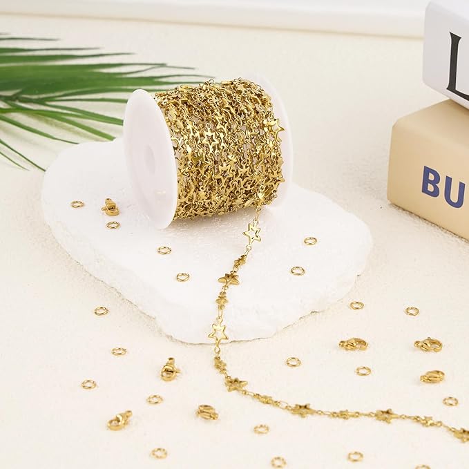 GTVOODX Gold PVD Stainless Steel Chains for Jewelry Making, 13 Feet Star Link Chain Bulk for Jewelry Making Necklace DIY Craft