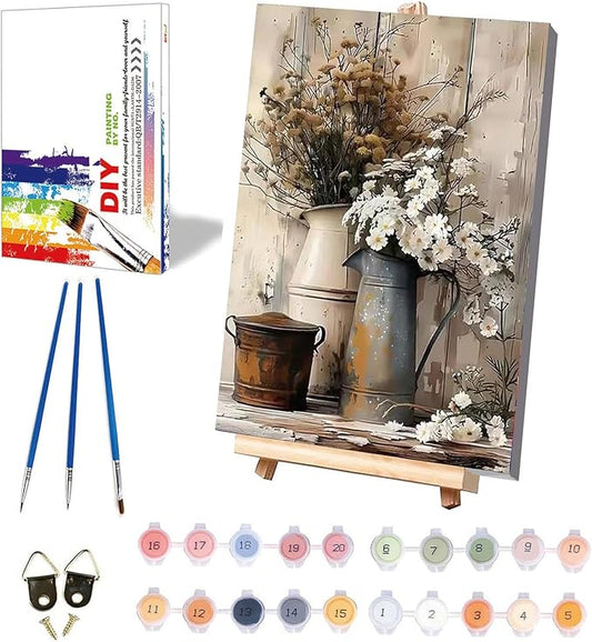 Vintage Flower Paint by Numbers for Adults with Framed Canvas - with Wooden Easel, Rustic Flowers Paint by Number on Canvas, DIY Acrylic Oil Painting Kits with Brushes for Home Wall Decor (8x12 inch)