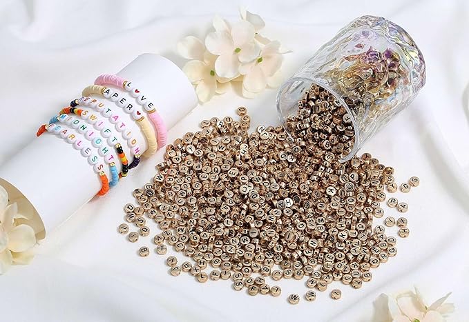 LAIDANLA 1500PCS Acrylic Letter Beads Alphabet Black Letters Rose Gold Round Bead 7×4mm for Jewelry Bracelets Necklaces Key Chains Making
