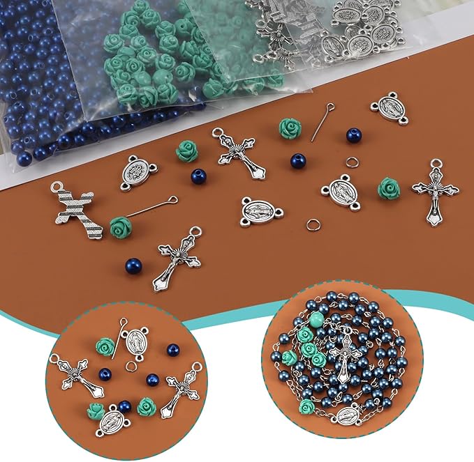 OEMOO 1410PCS Rosary Jewelry Making Kit Rosary Prayer Making Supplies Carved Rose Beads Cross Centerpiece Crucifix Medal Kit First Communion Necklace Set for Rosary Necklace Jewelry Making (Blue)
