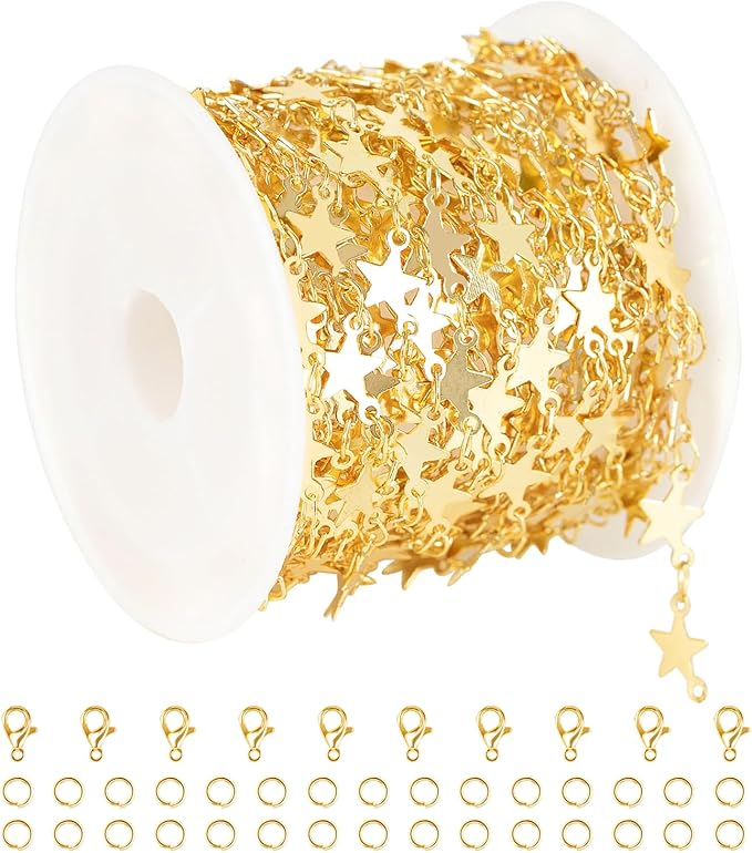 KYUNHOO 16.4 Feet Gold Chains for Jewelry Making Flat Star Link Chain for Necklace Ankle Brass Jewelry Chain Spool Gold Chain Bulk with Lobster Clasps and Jump Rings