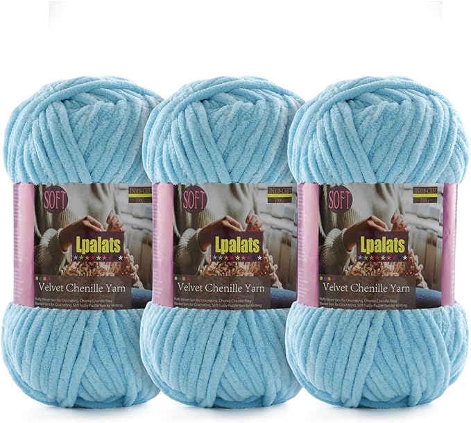 Baby Blanket Yarn for Crocheting Soft - 3 Pack of 100g/3.5oz Chunky Chenille Yarn for Knitting Blankets Amigurumi - Super Bulky Yarns - 261 Yards Thick Plush Yarns (3, Sky Blue)