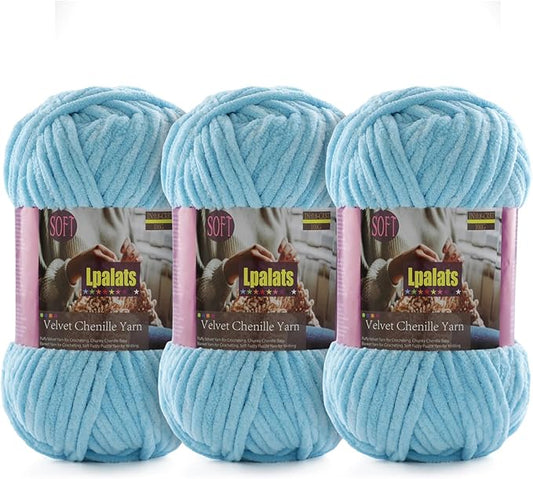 Baby Blanket Yarn for Crocheting Soft - 3 Pack of 100g/3.5oz Chunky Chenille Yarn for Knitting Blankets Amigurumi - Super Bulky Yarns - 261 Yards Thick Plush Yarns (3, Sky Blue)