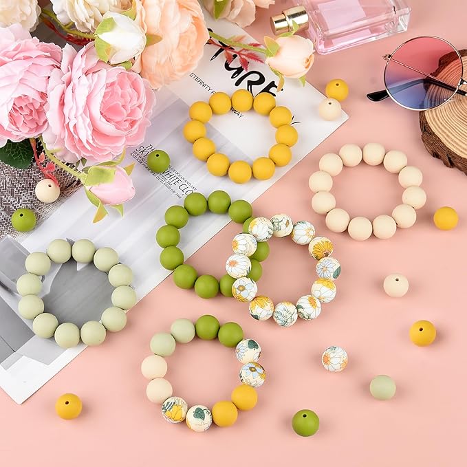 ASTARON 100 Pcs 15mm Silicone Beads for Keychain Making, Yellow Green Silicone Beads Bulk Round Beads for Bracelets Pens Crafts Supplies