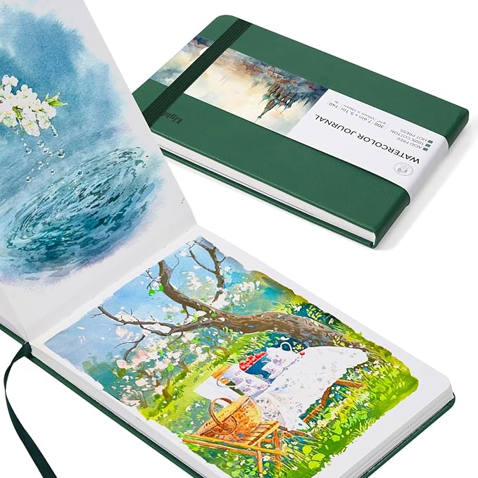 Lightwish Watercolor Journal, 100% Cotton Hot Press Art Supplies Watercolor Paper7.6” x 5.1”, 20 Sheets (140lb/300gsm), Acid-Free for Watercolors, Gouache, Acrylics