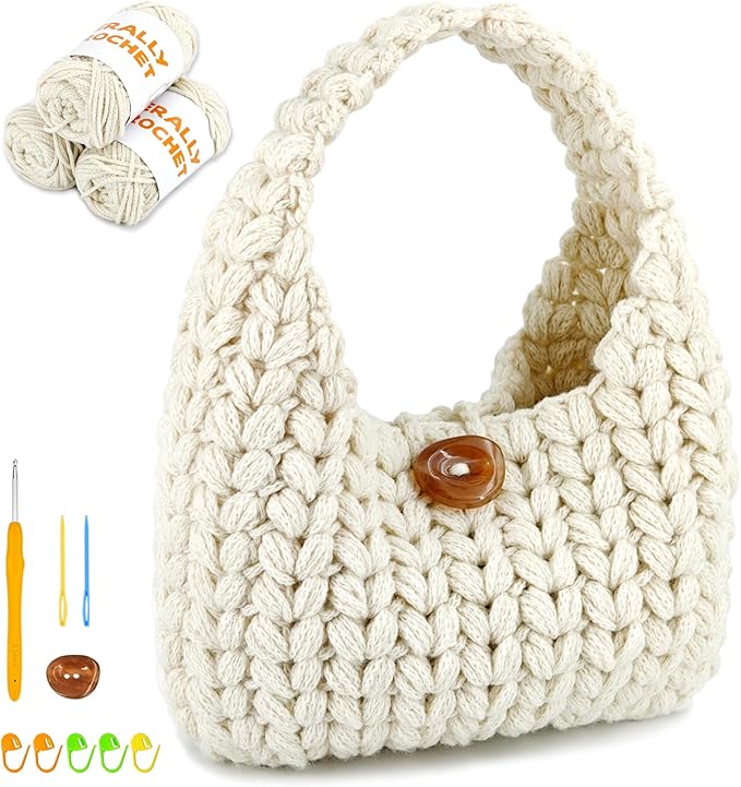 Herally Crochet Kit DIY for Beginners - Include Yarn, Hook and Accessory - with Step by Step Video Tutorials - Wheateat Hobo Bag (Beige)