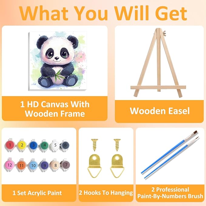 Paint by Numbers Kit for Kids with Frame, Panda Paint by Numbers for Kids Ages 4-8-12, DIY Panda Acrylic Oil Painting for Home Wall Art Decor Gift 7.8x7.8 inch (with Frame Easel)