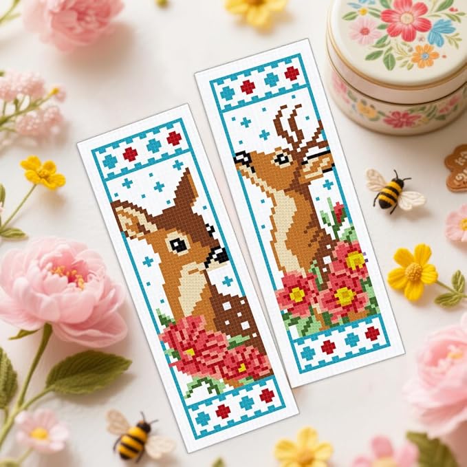 ORIGACH 6 Set Deer & Flower Cross Stitch Bookmark Kit for Beginner with Backing Felt Floss Instructions DIY Stamped Embroidery Bookmark Kit for Adults, Book Lovers