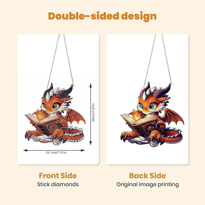 MXJSUA Dragon Reading Book Diamond Painting Art Window Suncatchers, Diamond Art Kits for Adults Hanging Ornaments with Chain, 5D Special Shape Crystal Diamond Pendant Accessories for Decor Gift