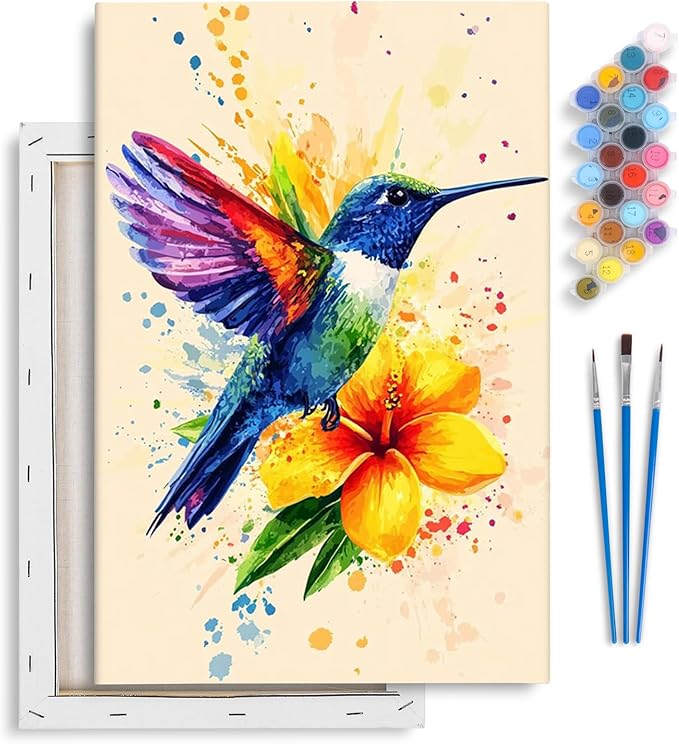 Framed Paint by Numbers Kit for Adults Beginner & Kids Ages 8-12, Hummingbird Paint by Numbers With Frame, DIY Watercolor Number Painting for Adults Hummingbird for Home Wall Decor Gift 8x 12 inch