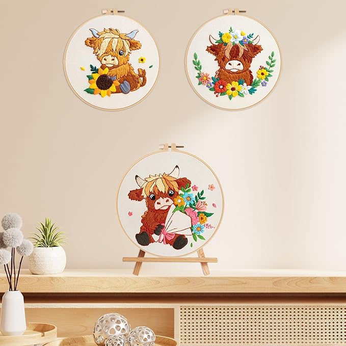Nuberlic Highland Cow Embroidery Kit 3 Pack Embroidery Kits for Adults Beginners Starter Cross Stitch Kit Set with Floral Designs - Perfect DIY Gift