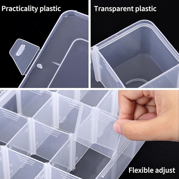 SGHUO 2 Pack 15 Girds Bead Organizer, Large Clear Plastic Organizer Box with Adjustable Dividers for Beads, Art DIY, Crafts, Jewelry, Fishing Tackle with Label Stickers