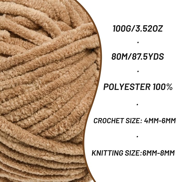 2 Pack Chunky Chenille Yarn for Crocheting, Baby Yarn for Crocheting Soft Blanket, 174.9 yds /7 oz Crochet Yarn, Bulky 5 Amigurumi Yarns, Fluffy Velvet Yarns for Knitting Crafts (2 Deep Khaki)