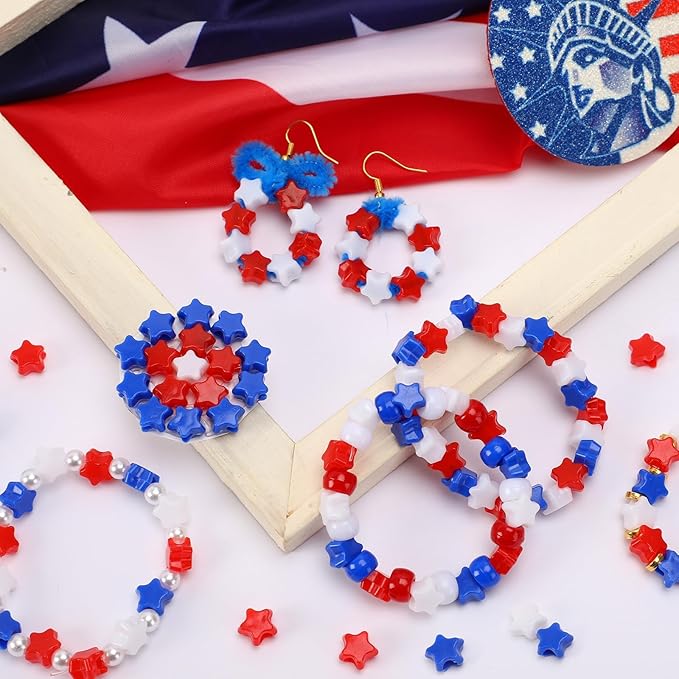 UPINS 1200pcs Red White and Blue Beads,4th of July Beads Patriotic Star Shaped Beads American Beads Memorial Day Beads DIY Jewelry Making Crafts