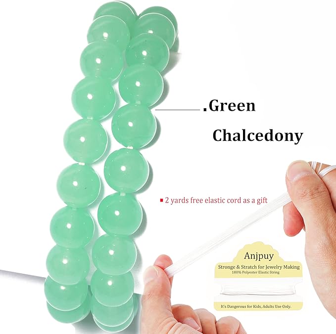 8mm Natural Green Chalcedony Round Bead - 45PCS Bulk Gemstone Beads for Jewelry Making, DIY Bracelets, Necklaces - Includes Crystal Stretch Cord - Stone Beads for Crafting Gifts
