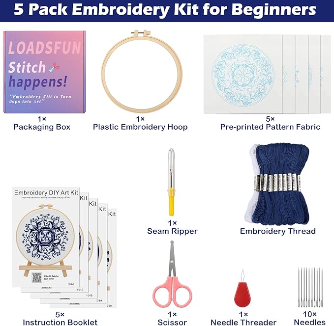 LOADSFUN 5 Pieces Embroidery Kit for Beginners, Cross Stitch Kits with Stamped Patterns,Hoop,Threads,Needle Threader Needlepoint Kits Crafts for Adults Step by Step Instructions Video