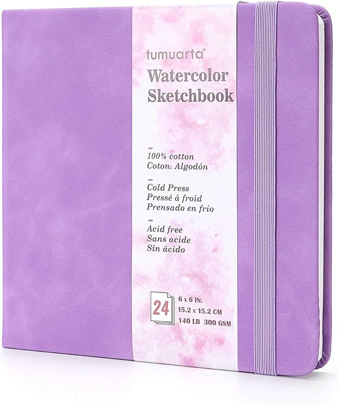 tumuarta Square Watercolor Sketchbook, 6x6 in,140 LB, 300GSM, 100% Cotton, Cold Press, Acid Free, 24 Sheets,48 Pages, Watercolor Journal for Use As Travel Notebook and Mixed Media Pad On The Go