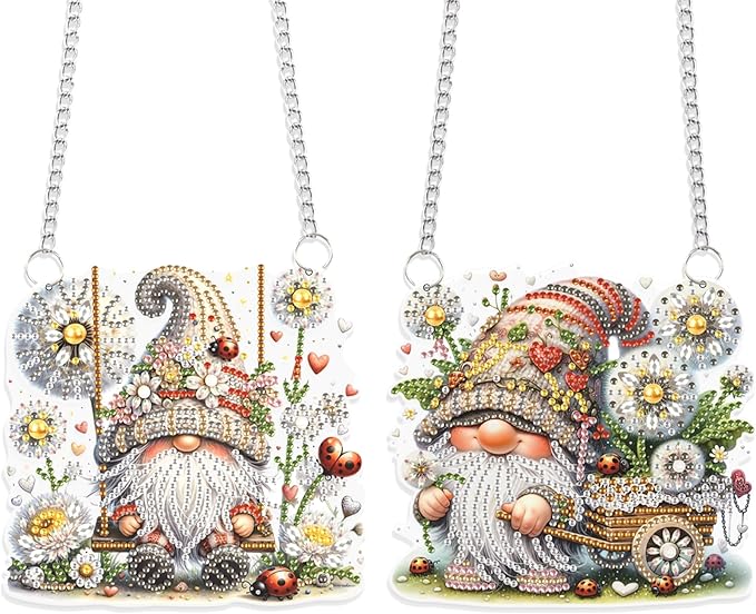 JISHSHAY 2 PCS Diamond Painting Pendant Gnome Diamond Paintings Dwarf Diamond Art Wind Chimes Special Shaped Diamond Painting Diamond Art Suncatchers Gnome Keychain Diamond Art Window Clings