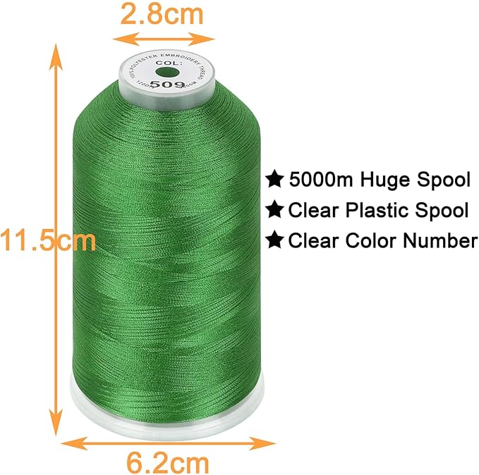 New brothread - Single Huge Spool 5000M Each Polyester Embroidery Machine Thread 40WT for Commercial and Domestic Machines - Leaf Green