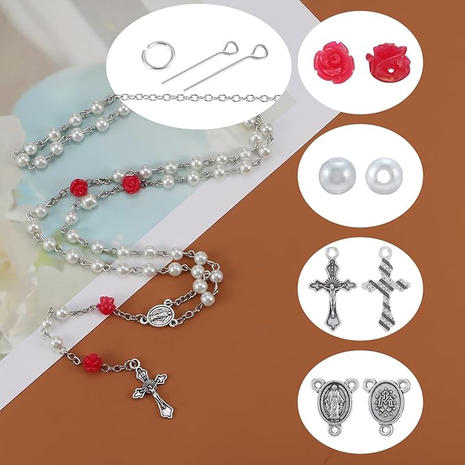 OEMOO 1410PCS Rosary Jewelry Making Kit Rosary Prayer Making Supplies Carved Rose Beads Cross Centerpiece Crucifix Medal Kit First Communion Necklace Set for Rosary Necklace Jewelry Making (White)