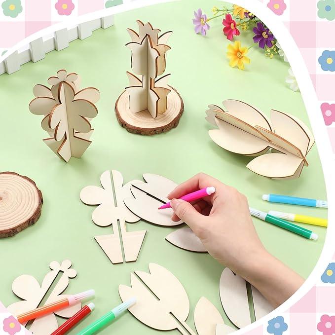 Blosssound 48 Pcs Spring Craft Set 36 Pcs 3D Wooden Flower Cutouts Wood Unfinished Tulip Slices to Paint with 12 Colored Markers for DIY Mother's Spring Crafts Handmade Table Tiered Tray Decor