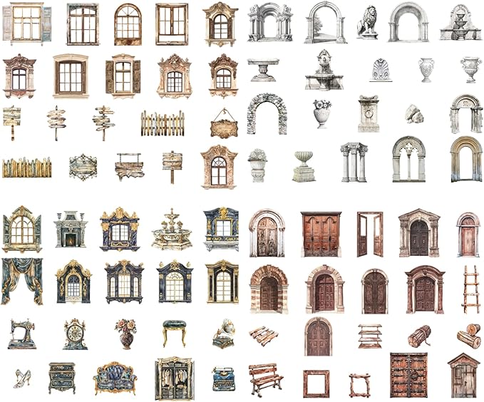 80 PCS Vintage Textured Hard Card Hollowed Door and Window Scrapbook Stickers, Aesthetic Decorative Frame Stickers for DIY Diary Junk Journal Handbook Journaling Scrapbooking Supplies Kit Pop-up
