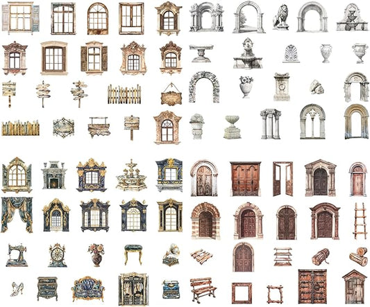 80 PCS Vintage Textured Hard Card Hollowed Door and Window Scrapbook Stickers, Aesthetic Decorative Frame Stickers for DIY Diary Junk Journal Handbook Journaling Scrapbooking Supplies Kit Pop-up