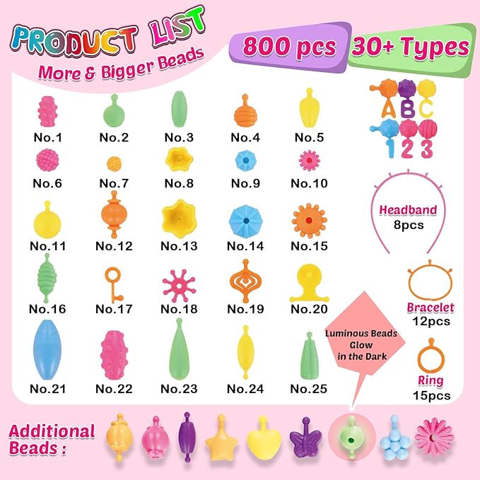 850pcs pop beads - jewelry making kit for 3 4 5 6 7 8 year old little girls, arts and crafts toys for kids, necklace bracelet ring hairband creativity snap set birthday valentines day gifts for kids