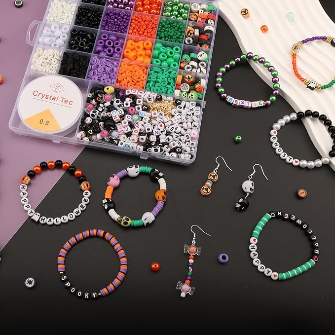 3010 Pieces Halloween Bracelet Making Kit, Assorted Halloween Bead Polymer Clay Beads Skull Beads Glasses Pearl Bead for Necklace Jewelry Making DIY Crafts