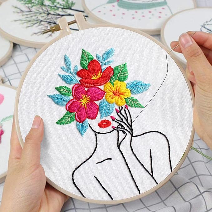 Louise Maelys Floral Embroidery Kits for Beginners,Woman Flowers Pattern Cross Stitch kit for Adults,DIY Needlepoint for Starters,Including Hoop,Instruction and Threads