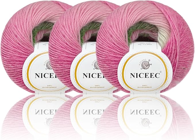 NICEEC 3 Skeins Rainbow Soft Yarn 100% Wool Gradient Multi Color Yarn for Crocheting Knit Total Length 180m×3(196yds×3,50g×3)-6#