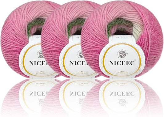 NICEEC 3 Skeins Rainbow Soft Yarn 100% Wool Gradient Multi Color Yarn for Crocheting Knit Total Length 180m×3(196yds×3,50g×3)-6#
