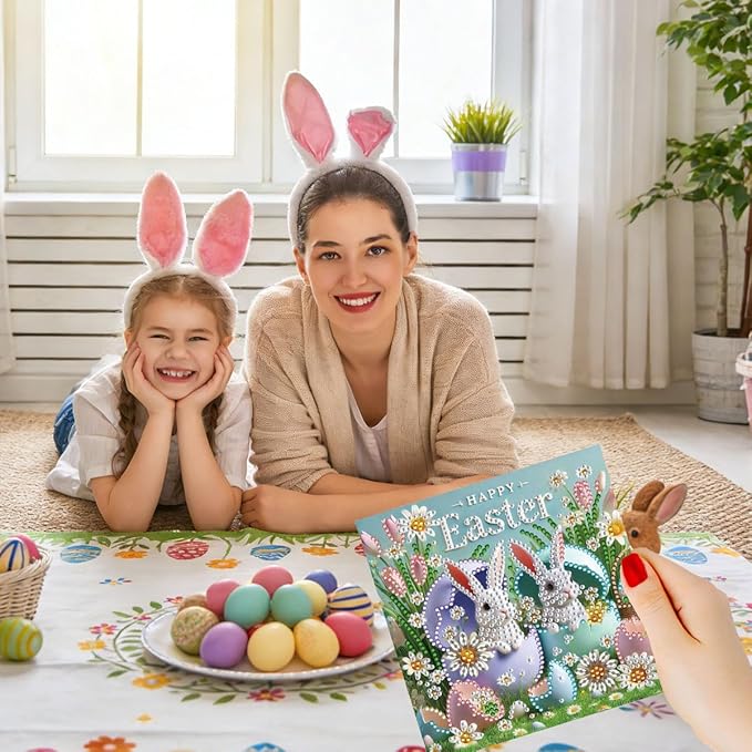 12 Pack 5D DIY Diamond Painting Greeting Card Kit, Diamond Art Birthday Holiday Greeting Card, Art Crafts Kit Creative Gift with Envelope (Easter Bunny A)