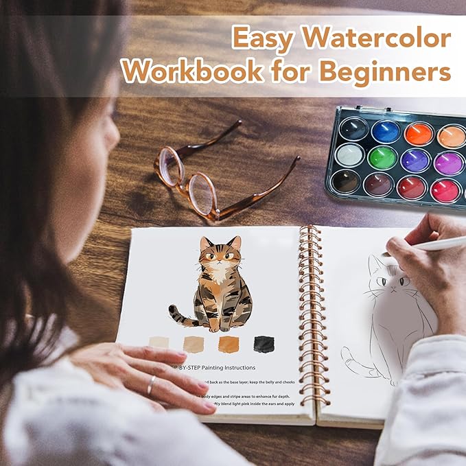 Easy Watercolor Workbook for Beginners - 12 Beautiful Step-by-Step Paintings Water Coloring Book, Includes 18 Colors Paints, Relaxing Art Projects and Creative Gift for Adults & Teen (Cats)