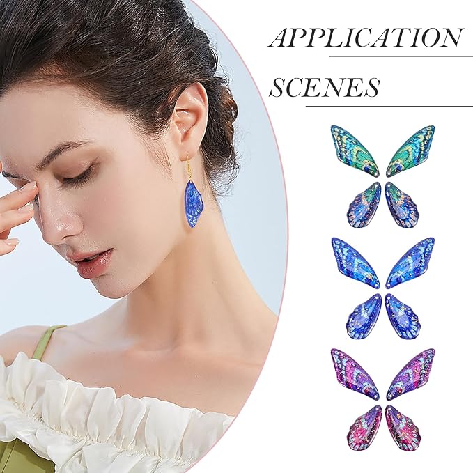 FASHEWELRY 12Pcs Resin Fairy Wing Earring Charms Purple Turquoise Blue Butterfly Wing Pendants Insect Print Feather Charms with Jump Rings Earrings Hooks for DIY Earring Jewelry Making