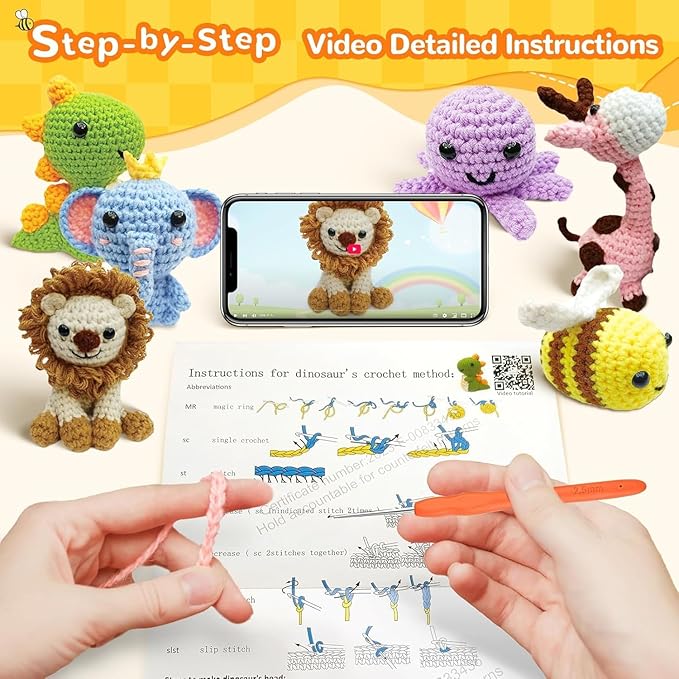 JackCao 6Pcs Crochet Kit for Beginners, 2026 DIY Craft Christmas Gift for Adults, Crochet Animal Kit with Step-by-Step Video Crochet Hook Tutorials Birthday for Crochet Lovers﻿ (Pink)