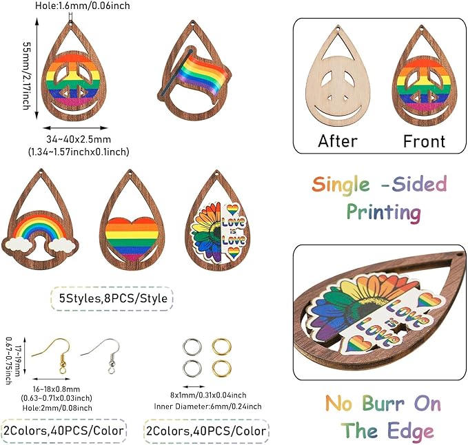 Beadthoven 20 Pairs DIY Gay Pride LGBT Wood Dangle Earrings Making Starter Kit Lesbian Big Wooden Rainbow Charms Pendant Pride Parade Supplies Earring Hooks Jump Rings for Jewelry Making