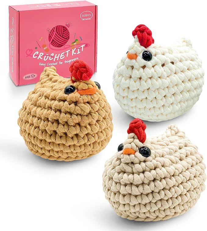 SGIBYN Crochet Kit for Beginners with Step-by-Step Video Tutorials, Starter Crochet Chickens Amigurumi Kit for Teens & Women - Easy DIY Handcraft Knitting Animal Kit - Learn to Crocheting (3 Chickens)