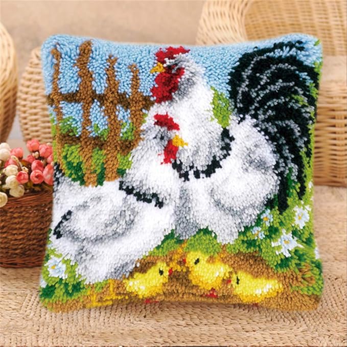 LAPATAIN Latch Hook Kits for DIY Throw Pillow Cover,Needlework Cushion Cover Hand Craft Crochet for Great Family 17X17inch Two Chickens(White)