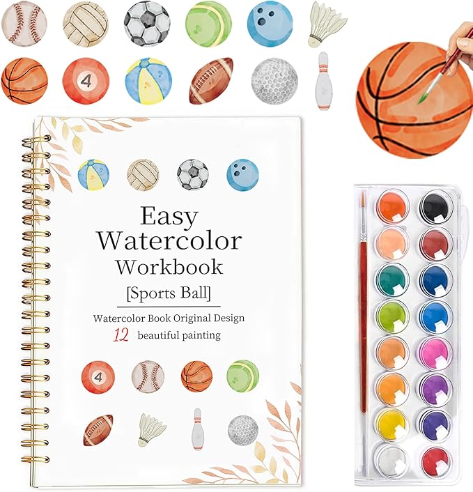 Easy Watercolor Workbook for Beginners - 12 Beautiful Step-by-Step Paintings Water Coloring Book, Includes 16 Colors Paints, Relaxing Art Projects and Creative Gift for Adults & Teen (Sports Ball)